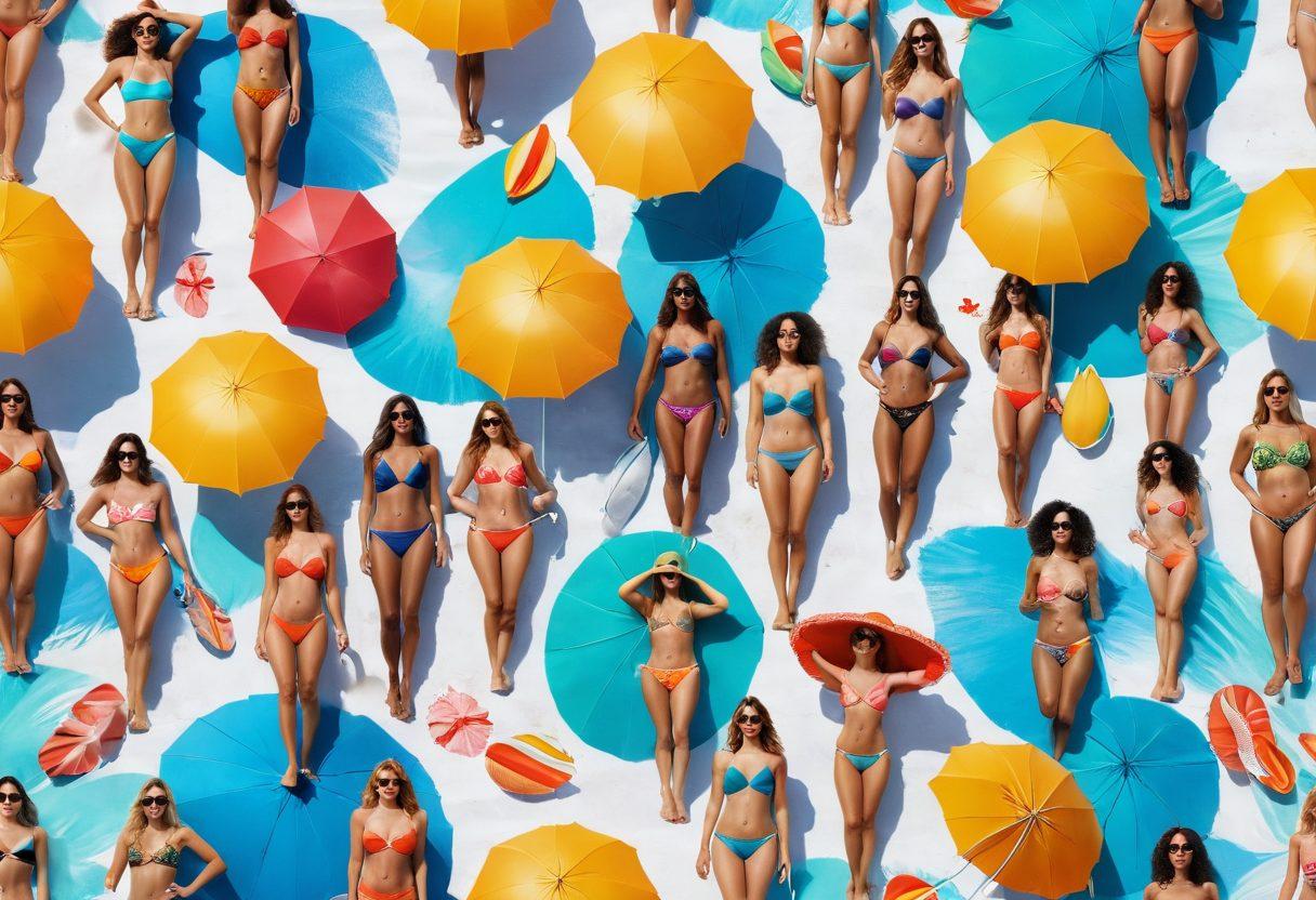 A vibrant beach scene showcasing a diverse group of fashionable individuals wearing various styles of swimwear, from thongs to high-waisted bikinis. Incorporate colorful umbrellas, sun loungers, and a crystal-clear ocean in the background. Capture the essence of summer fun and body positivity, with an emphasis on the variety of styles and body types. Include playful beach elements like surfboards and beach balls. bright colors. sunny atmosphere. summer vibe.