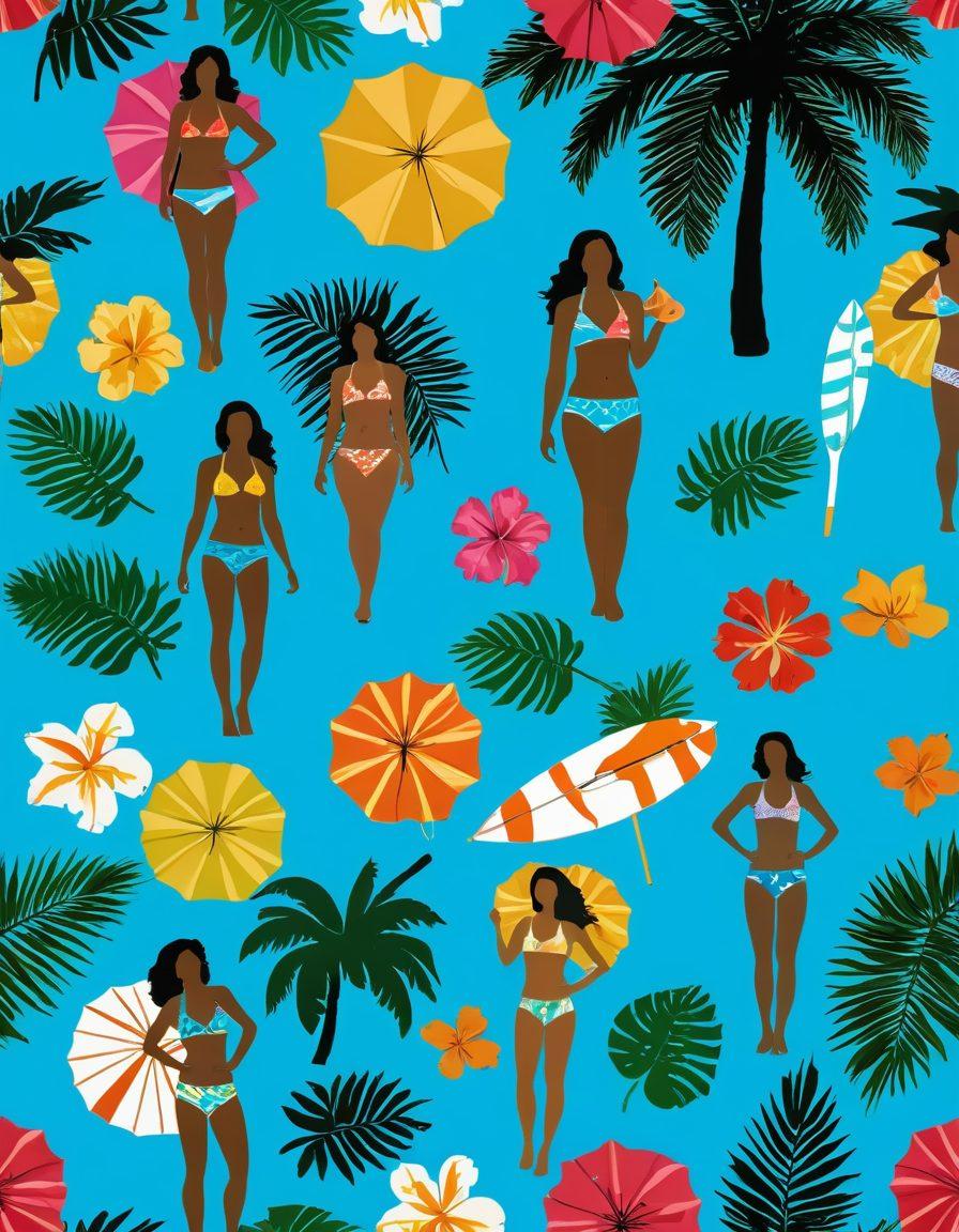 A vibrant beach scene showcasing diverse swimwear styles, including colorful bikinis, stylish surf shorts, and flowy cover-ups. Incorporate tropical elements like palm trees, bright flowers, and crystal-clear blue water in the background. Create a lively atmosphere with sunbathers, beach umbrellas, and playful waves. Emphasize warmth and relaxation, capturing the essence of summer. bright colors. super-realistic.